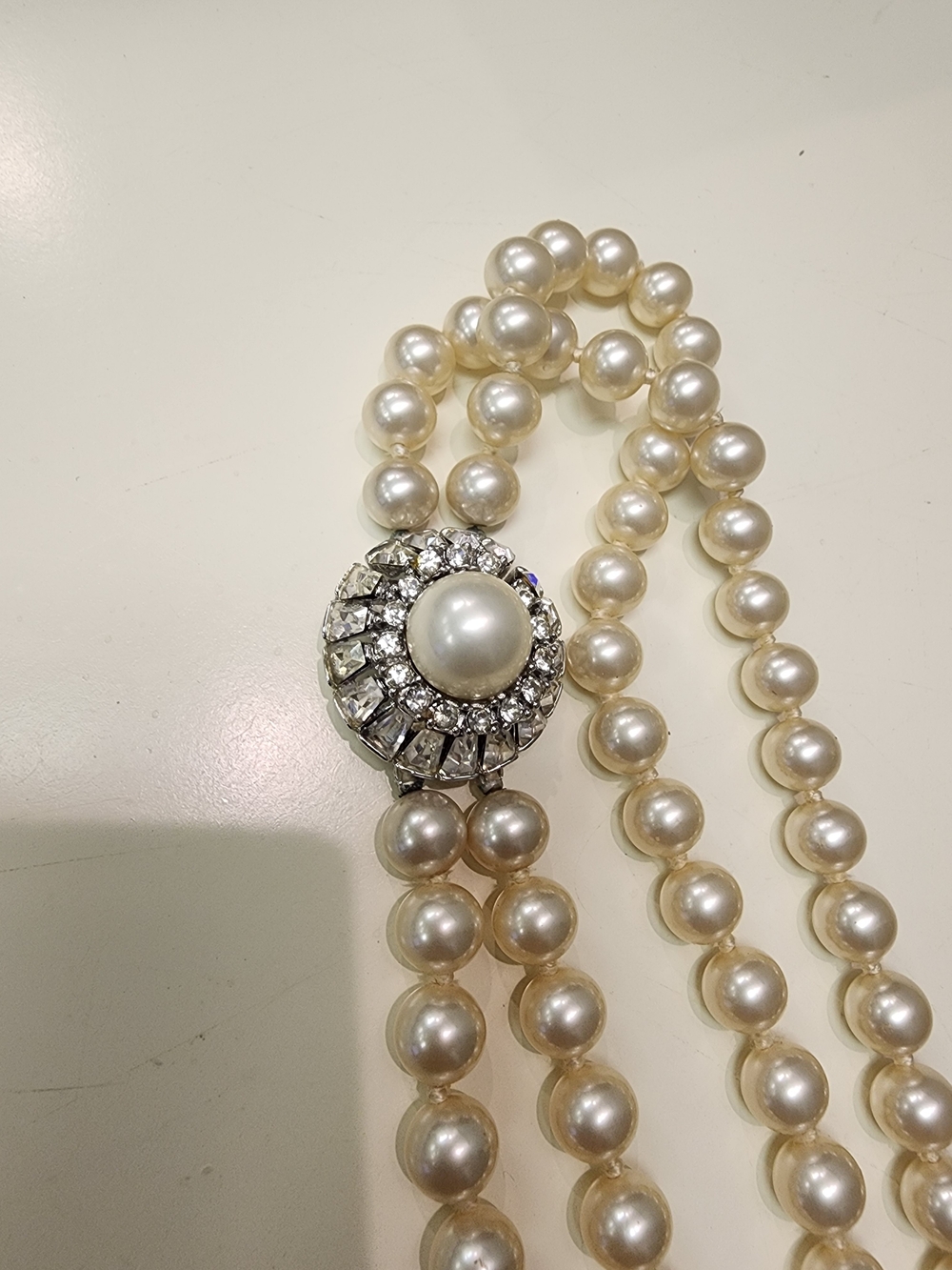 Vintage Mid-Century Double Strand Glass Pearl Necklace with Rhinestone Box Clasp